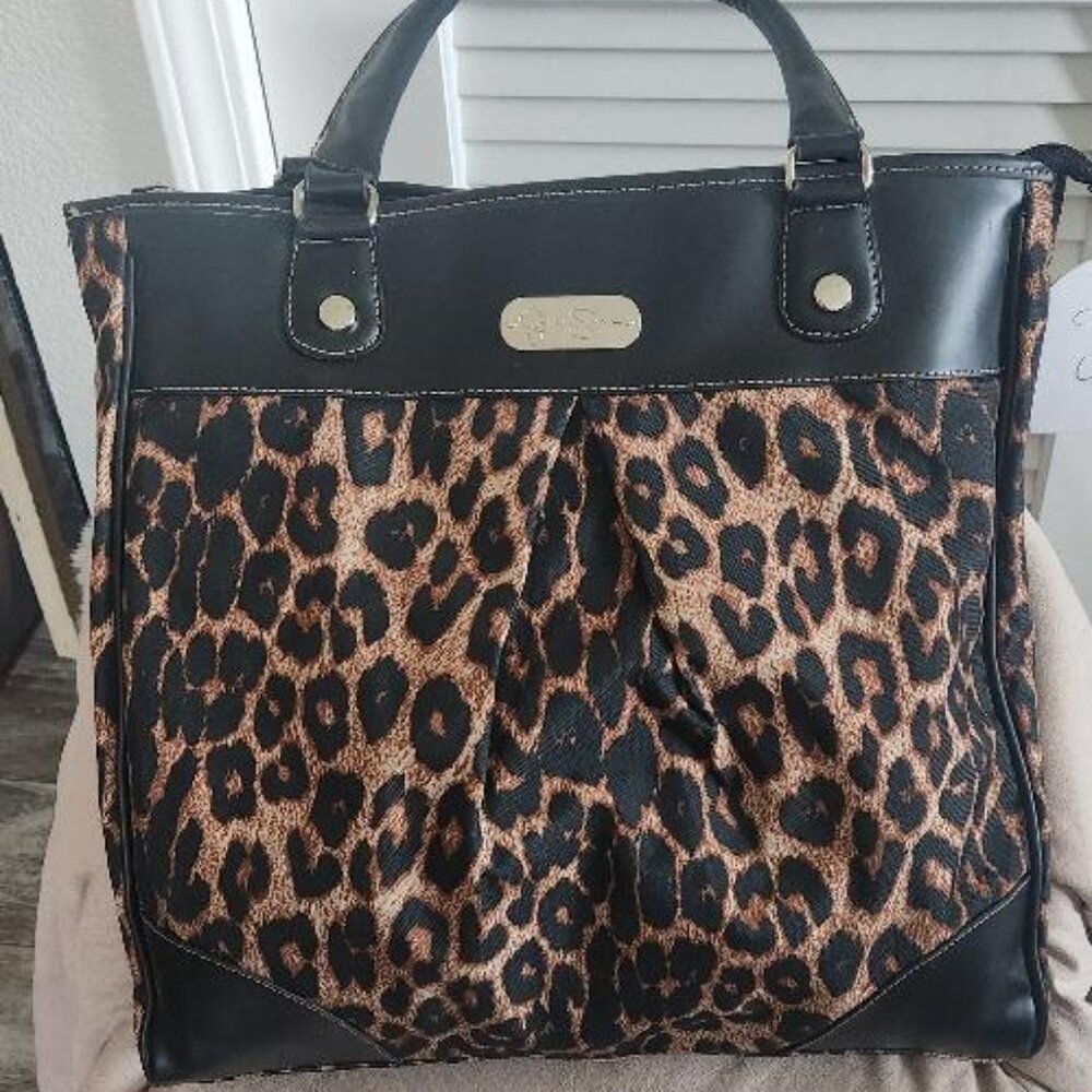 Jessica Simpson Leopard Print Faux Black Leather Tote Handbag
